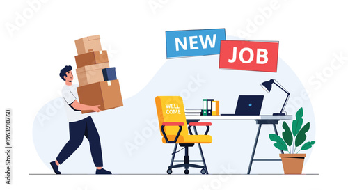 Excited young man carrying a stack of cardboard boxes to his new office desk with a welcome sign and job labels.