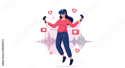 Young woman wearing a virtual reality headset jumping with joy surrounded by heart icons and digital sound waves.
