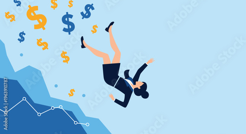 Businesswoman falling through the air next to a declining financial chart and floating dollar signs representing a market crash.