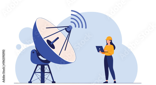 Female engineer in a safety helmet using a laptop to manage signals from a large satellite dish telecommunication antenna.