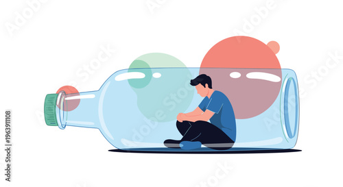 Depressed man sits inside a transparent glass bottle to represent feelings of isolation, loneliness, and being trapped by mental health issues.