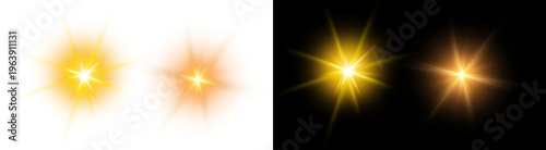 PNG image of Bright golden and warm orange light effects with starburst and glowing lens flare designs on transparent background.