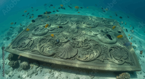 Underwater Ancient Stone Carving with Intricate Floral Patterns