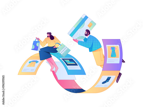Holiday shopping people doing e-commerce online shopping flat vector concept operation hand drawn illustration
