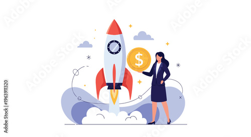 Professional woman stands next to a launching space rocket while holding a gold dollar coin to symbolize startup success and financial growth.