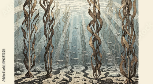 Underwater Kelp Forest Illustration with Sunbeams