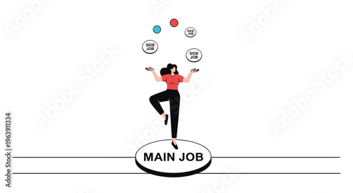 Woman balancing multiple responsibilities by juggling side jobs while standing on her main job platform to represent the gig economy and work.