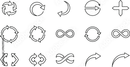 Stylized decorative cycle and rotation icon illustration featuring infinity loops, circular arrows, repetition symbols, continuity flow, creative digital artwork design.