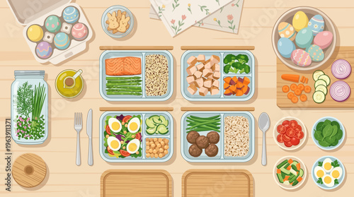 A warm, inviting tabletop feast captured from a top-down viewpoint, showcasing pastel-colored dishes, assorted food, and classic utensils arranged on a light wood table in a festive indoor setting