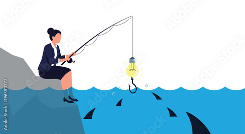 Businesswoman fishing for ideas from a high cliff using a lightbulb bait over shark infested waters to represent high-risk innovation.