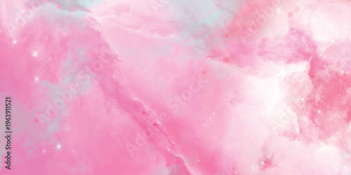 Soft pink watercolor nebula background with glowing stars and misty clouds