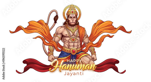 Illustration of Lord Hanuman with a golden crown and orange cape, standing heroically with a bow and arrow, surrounded by flowing red fabric, with a 'Happy Hanuman Jayanti' text in gold and