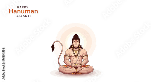 Illustration of Lord Hanuman sitting in a meditative pose with a halo, celebrating Hanuman Jayanti, a Hindu festival, against a clean white background with vibrant orange and yellow tones.