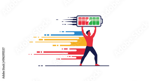 Strong man lifting a high capacity battery while running to symbolize high energy levels, productivity, and personal stamina.