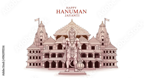 Illustration of Lord Hanuman standing in front of a temple on Happy Hanuman Jayanti, a Hindu festival celebrating Lord Hanuman's birthday with devotion concept.
