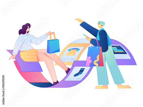 Holiday shopping people doing e-commerce online shopping flat vector concept operation hand drawn illustration
