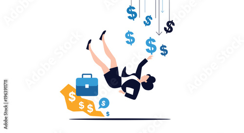 Businesswoman falling through a sky filled with dollar signs representing financial loss, bankruptcy, or economic downturn.