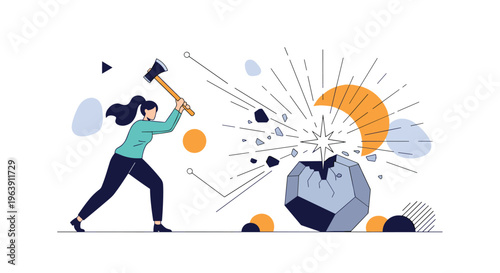 Empowered woman using a sledgehammer to shatter a large geometric stone to symbolize breaking barriers and solving complex problems.
