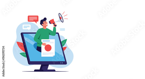 Marketing expert speaking through a megaphone while emerging from a computer monitor to represent digital outreach and advertising.