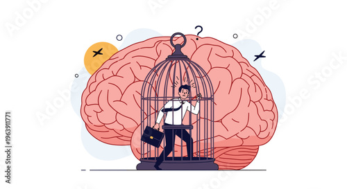 Professional man trapped inside a birdcage in front of a massive human brain to represent mental health and feeling stuck in thoughts.