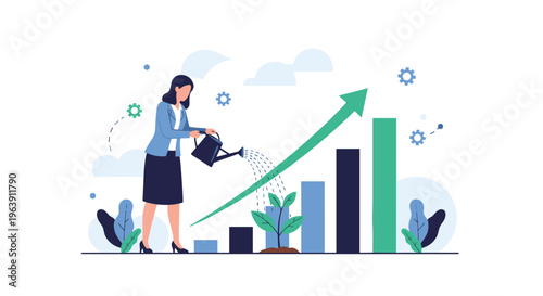 Businesswoman watering a growing bar chart like a plant to symbolize financial nurturing, investment, and steady business growth.