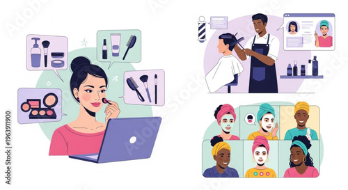 A cheerful young woman works on a laptop with various beauty and hair design icons floating around her, conveying a joyful and creative mood with diverse people in the background