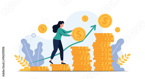 Successful woman stacking large gold coins alongside a rising green arrow symbolizing wealth accumulation and profitable growth.