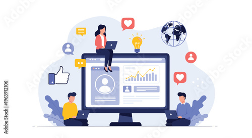 Diverse team of professionals working together around a large computer screen with social media and digital marketing icons.