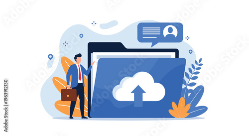 IT professional standing next to a giant file folder and a cloud upload icon to represent cloud storage and digital file management.