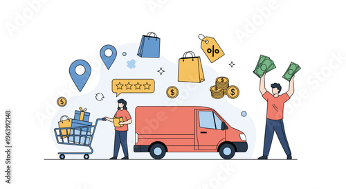 Logistics and e-commerce illustration showing a delivery van, shopping cart, and people handling payments to represent online business.