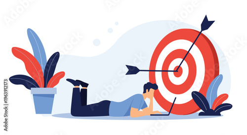 Focused professional working on a laptop in front of a giant bullseye target with two arrows to symbolize meeting business objectives.