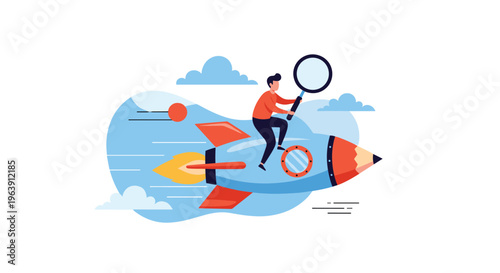 Creative explorer riding a pencil rocket and using a magnifying glass to search for new ideas and innovative business solutions.