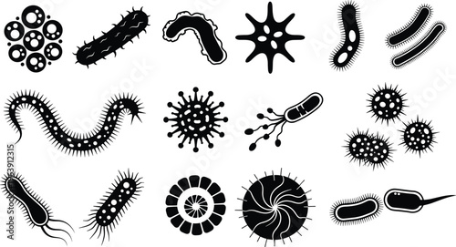 Stylized decorative microorganism icon illustration featuring bacteria, viruses, rod shapes, spiral forms, amoeba outlines, microscopic particles, creative scientific artwork design.