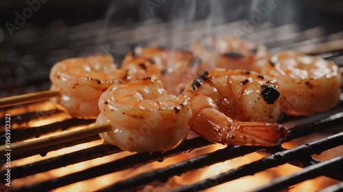 Grilled shrimp skewers cooking over an open fire on a BBQ grill