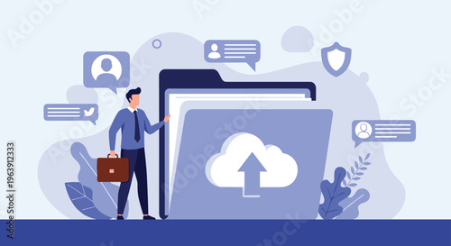 Businessman standing next to a large file folder with a cloud upload symbol and various social media notification icons.