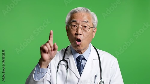 Senior Asian doctor giving medical advice or consultation on a green screen, providing healthcare