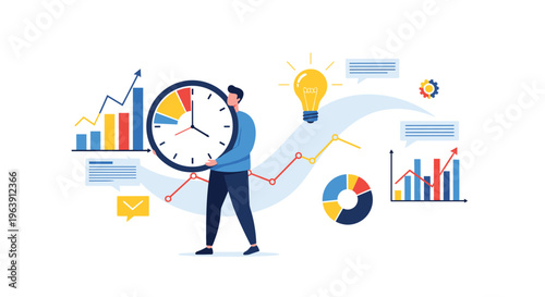 Employee carrying a giant clock while surrounded by business data visualizations including bar charts and line graphs.