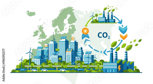 Illustration of a sustainable cityscape with green trees, wind turbines, and industrial buildings, surrounded by a recycling symbol and CO2 emissions reduction concept in a green and blue