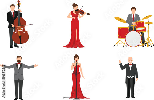 Stylized decorative musical ensemble illustration featuring violin, double bass, drum set, singer, conductor, microphone, creative orchestra performance artwork design.