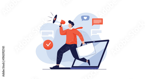 Enthusiastic businessman jumping out of a laptop screen while shouting through a megaphone to promote a new idea.