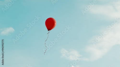 untied. A single red balloon floating upwards in a clear blue sky, its untied string gently swaying. wellbeing guides.