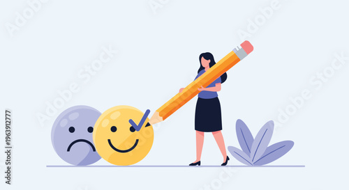 Content woman using a large yellow pencil to place a check mark on a happy smiley face icon next to a sad one.
