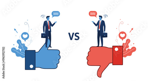 Comparison illustration showing one businessman on a blue thumbs up and another on a red thumbs down icon for feedback.