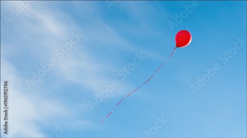 untied. A single red balloon floating upwards in a clear blue sky, its untied string gently swaying. wellbeing guides.