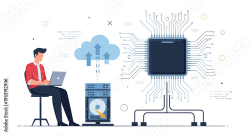Professional tech worker using a laptop next to a giant computer processor, cloud upload icon, and server storage drive.