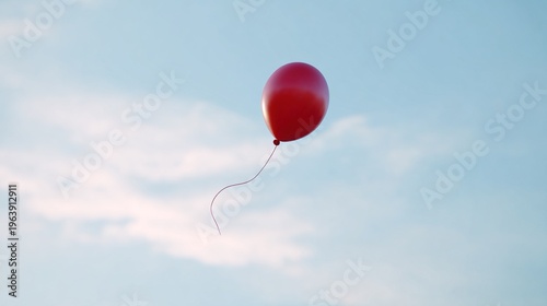 untied. A single red balloon floating upwards in a clear blue sky, its untied string gently swaying. wellbeing guides.