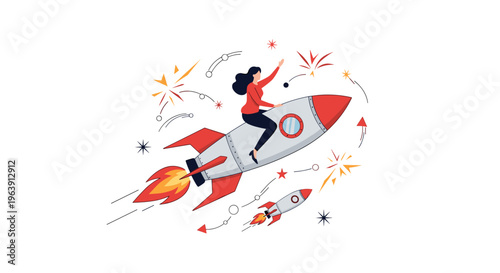 Successful and confident businesswoman riding on a fast-moving space rocket through a background of stars and fireworks.