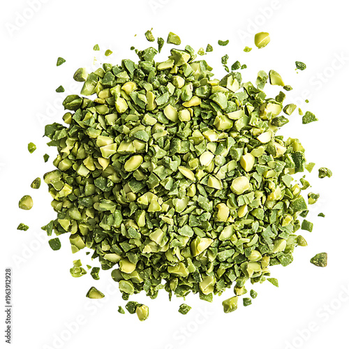 Pile of chopped pistachio nuts on transparent background