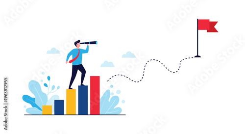 Professional businessman using a telescope to look toward a distant goal flag while standing on a rising bar chart.