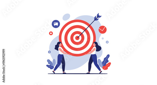 Two determined businesswomen working together to carry a massive red and white target with an arrow in the center.